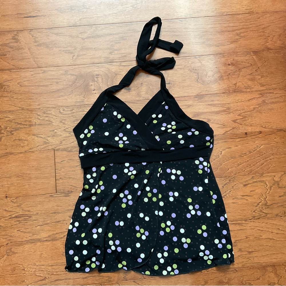 Byer IZ California Y2K Black Halter Tie Top With Purple, Green Polka Dots Large